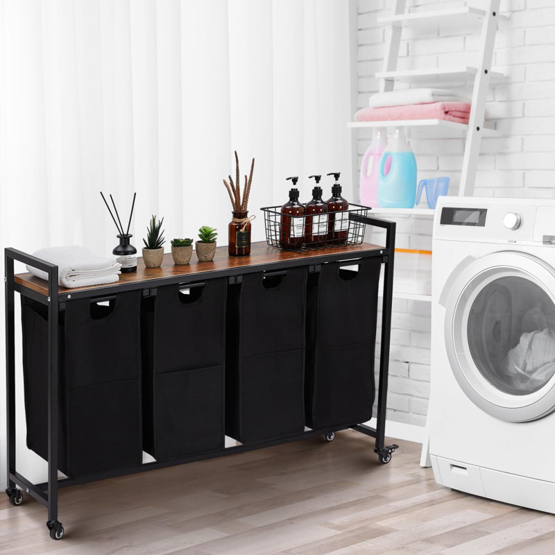 Laundry Hamper, 4 X 36L Laundry Bags & 2 Tier Adjustable Storage Shelf, Pull-Out And Removable Laundry Baskets, For Home/Hotel Black