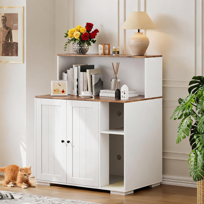 Très grande armoire à chat cachée pour litière avec tablette réglable et prise de charge, White