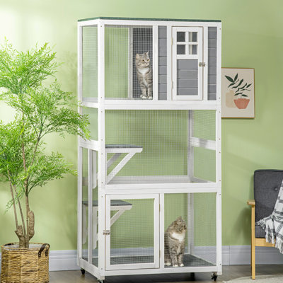 74 po en bois gris pour l'extérieur, sur roulettes, grande capacité pour chats tenaces, maison de chat à l'extérieur, félins doux