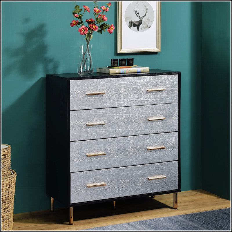 Élégante commode à 4 tiroirs noire et argentée avec une fausse peau de crocodile, parfaite pour le rangement moderne et l'amélioration esthétique