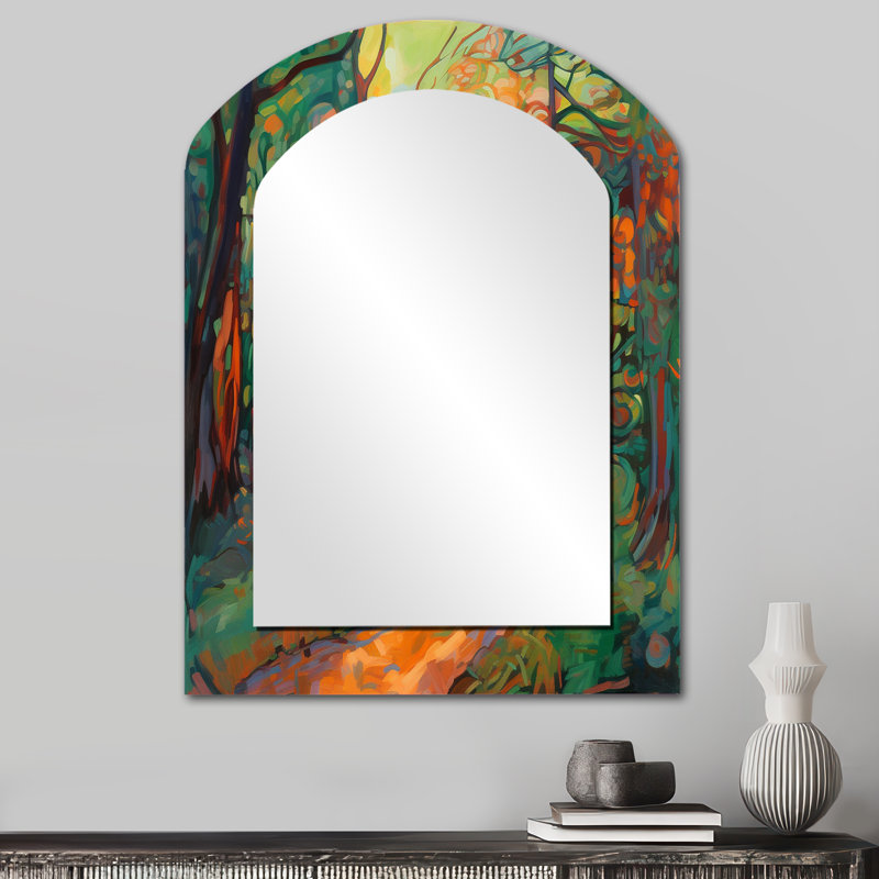 Lumière du soleil à travers les arbres en automne forêt II - miroir mural arche forêt, miroir décoratif asymétrique traditionnel, impression d'art en métal