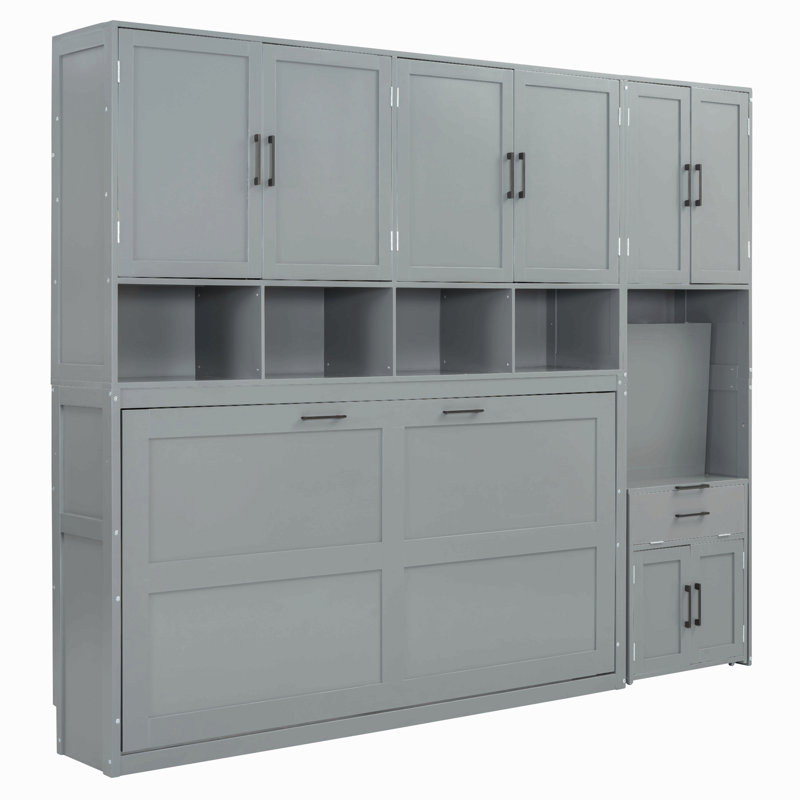 Lit escamotable simple avec placard, tiroirs et bureau