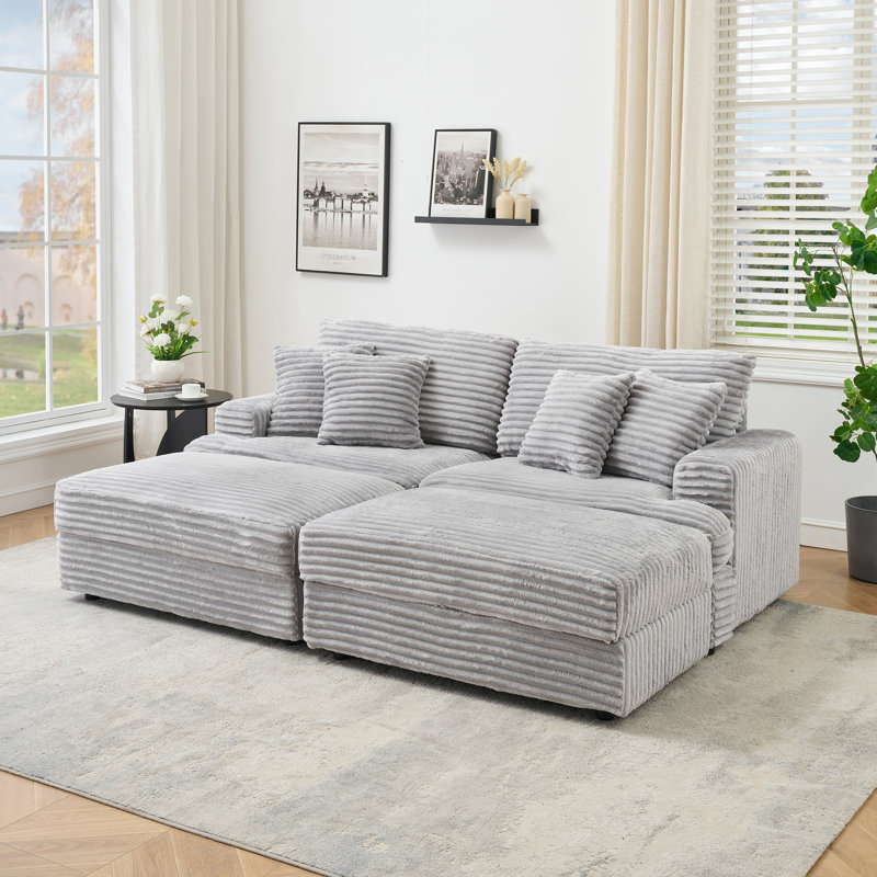 89" Modern 3 Seat Sofa Upholstered Corduroy Couch With Throw Pillows And Ottoman Suitable For Living Room, Bedroom, Office