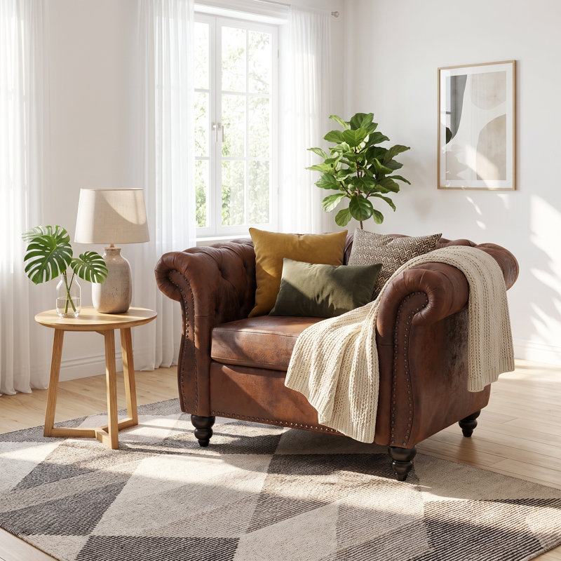 Canapé d'appoint 38,98 po, fauteuil club en suède bronzé avec capitonnage à boutons profonds, pieds en bois de bouleau massif, revêtement résistant aux taches, fauteuil compact pour le salon