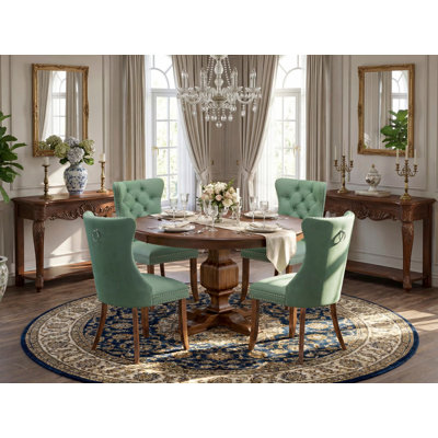 L'ensemble de table de salle à manger 5 pièces se compose d'une table de cuisine et de 4 chaises de salle à manger en polyester vert Willow avec dossier capitonné - Finition noyer antique