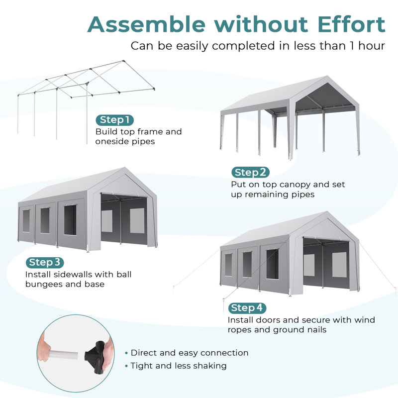 Vita 10' W x 20' D Heavy Duty Carport Portable Garage Storage Shed Canopy with 6 Mesh Windows, Light Gray