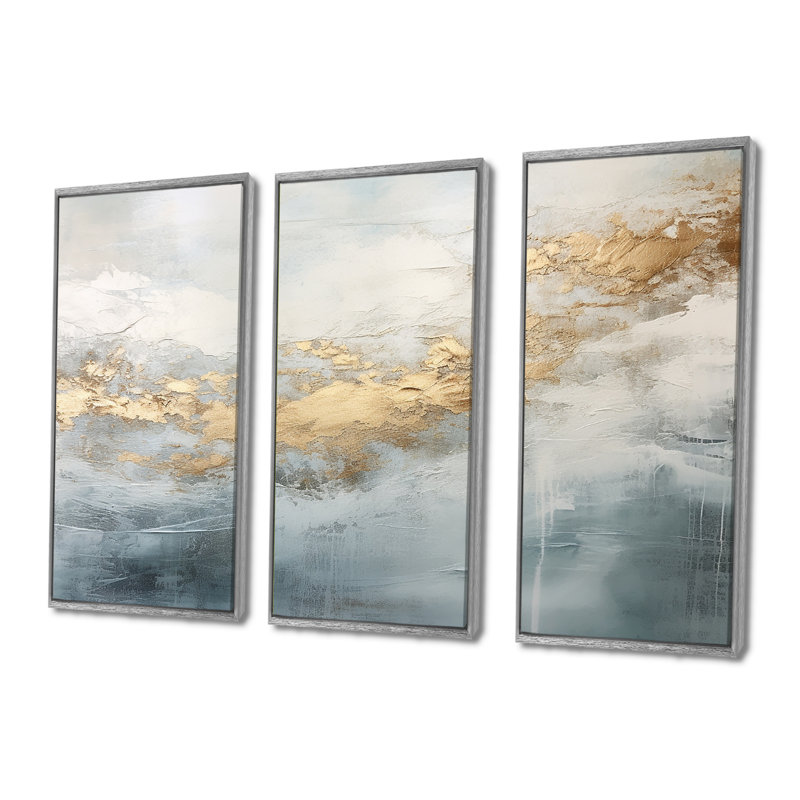 Beige, bleu, or, océan, tempête V, ensemble d'art mural sur toile à formes abstraites, H 28 po x l 36 po, Encadrement argenté