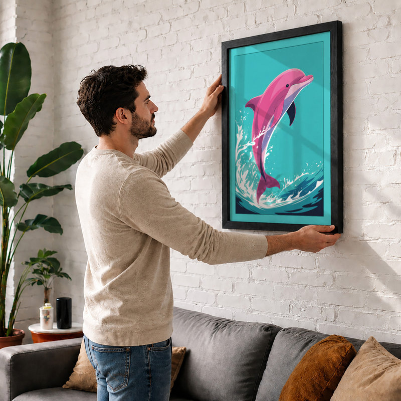 Leaping Dolphin Coastal - Framed Print, A4 - 29.7 x 21.0 cm, White