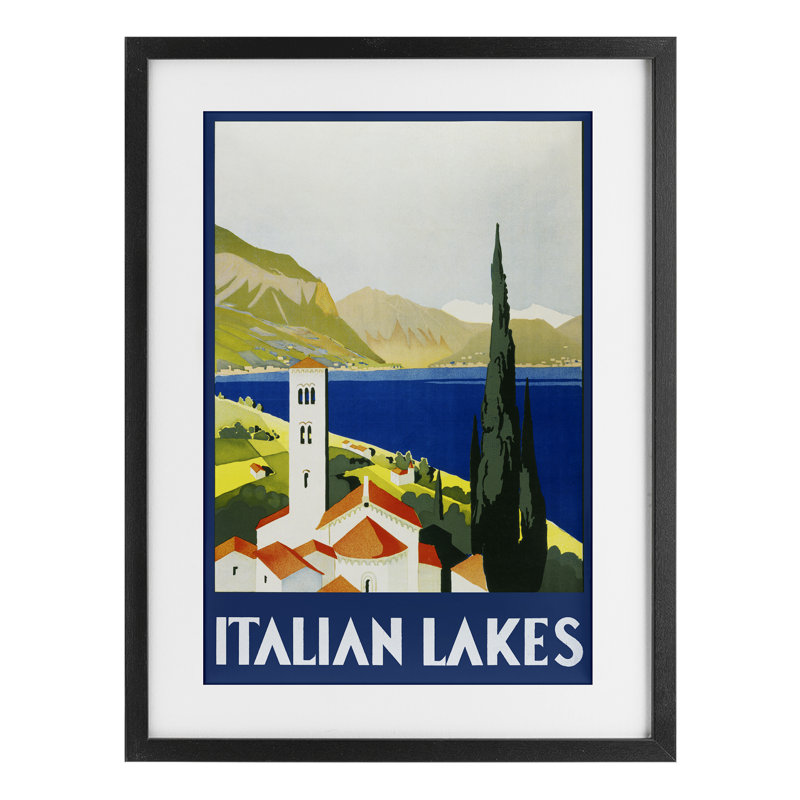 «Italian Lakes Retro Scenery», reproduction d'art sous verre encadrée par PIDDIX, H 20 po x l 14 po, Cadre noir minuit