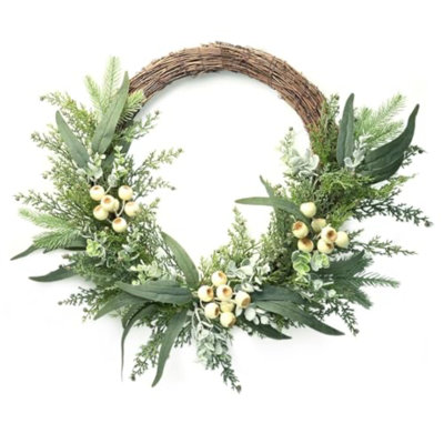 Artificial Eucalyptus Wreath 24 Inch for Front Door, Half Wreath with Big White Berries and Eucalyptus Leaves for Wedding Home Décor Outdoor Décor