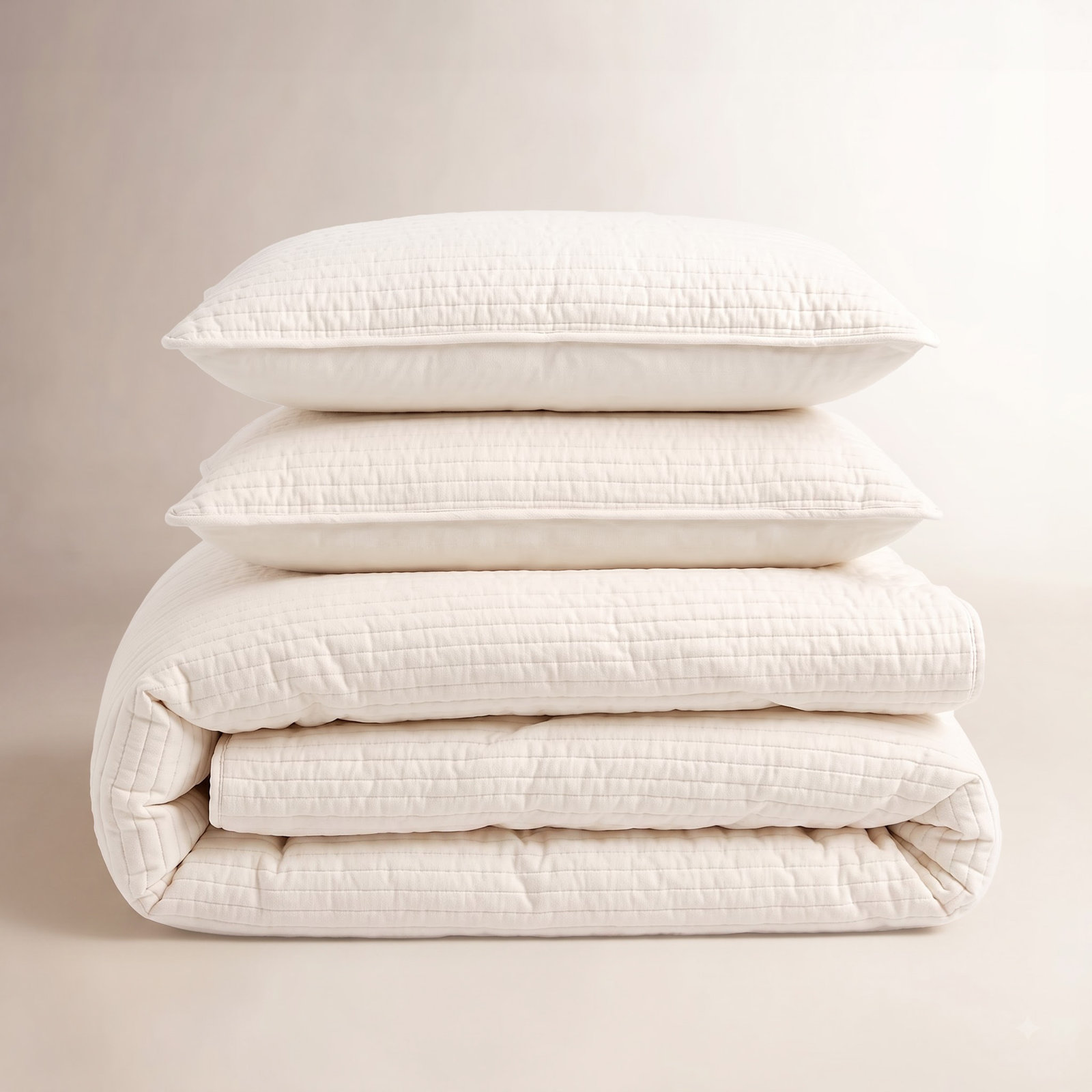 100% French Linen Channel Quilted Breathable Quilt Set With Shams, Queen Quilt + 2 Standard Shams, Eggnog