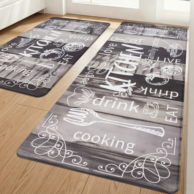 Tapis et tapis de cuisine anti-fatigue (ensemble de 2), Tapis de couloir 18 po x 30 po + 18 po x 48 po, Gris / Bois
