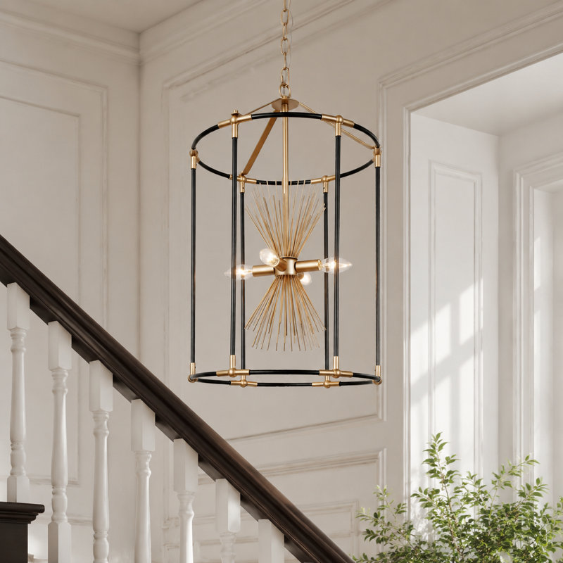 Marval 4-Light Dimmable Modern Lantern Cylinder Chandelier, Black/Gold
