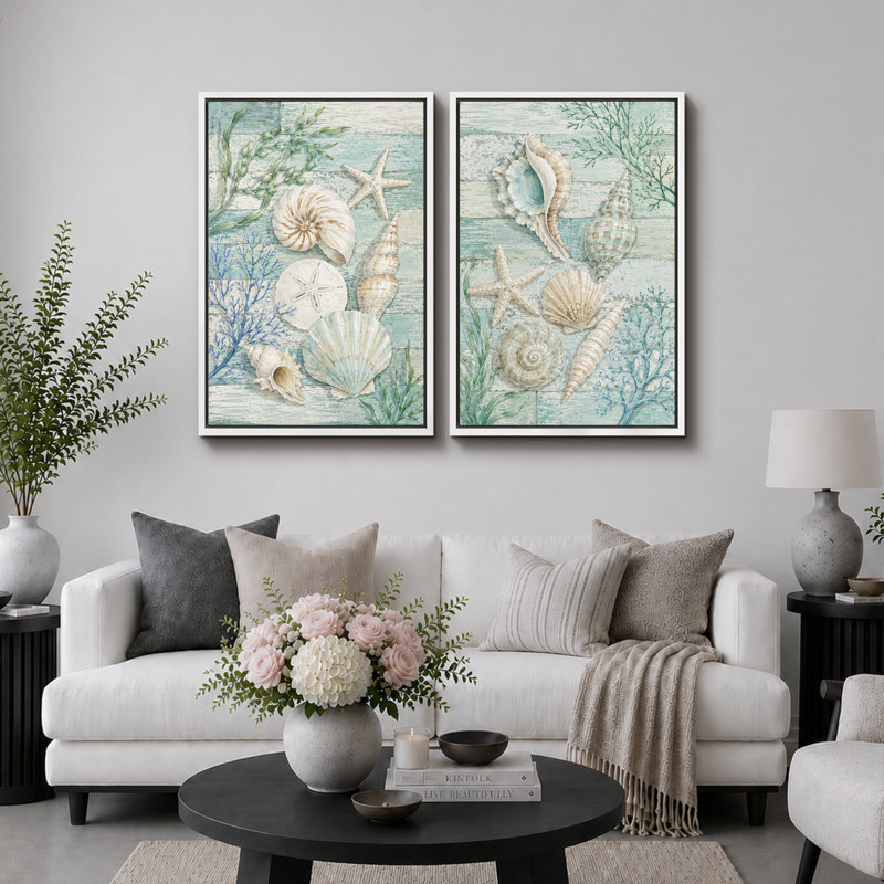 «Turquoise Seashell Coral Coastal», impression sur toile encadrée, impression sur toile, 2 pièces, Cadre blanc
