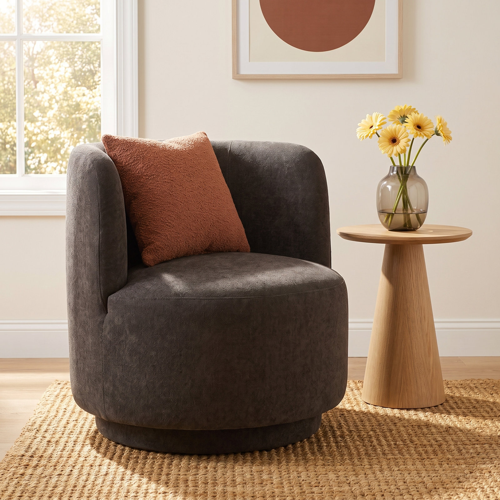Linen Swivel Club Chair, Brown Linen