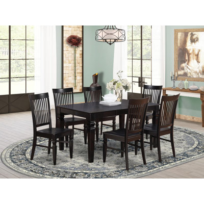 Ensemble de salle à manger 7 pièces comprenant une table de cuisine rectangulaire avec rallonge papillon et 6 chaises, 107 x 152 cm, noir