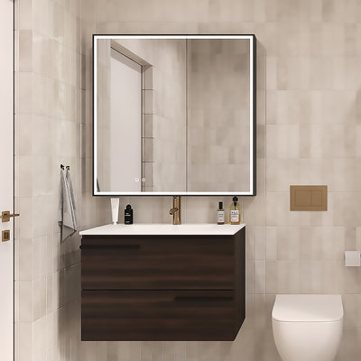 Nova 24" x 36" Framed LED Medicine Cabinet with Magnifying Mirror Inside, Adjustable Light Temperature & Brightness, Includes Heated Defogger, Exterior & Interior Lighting - Brushed Bronze