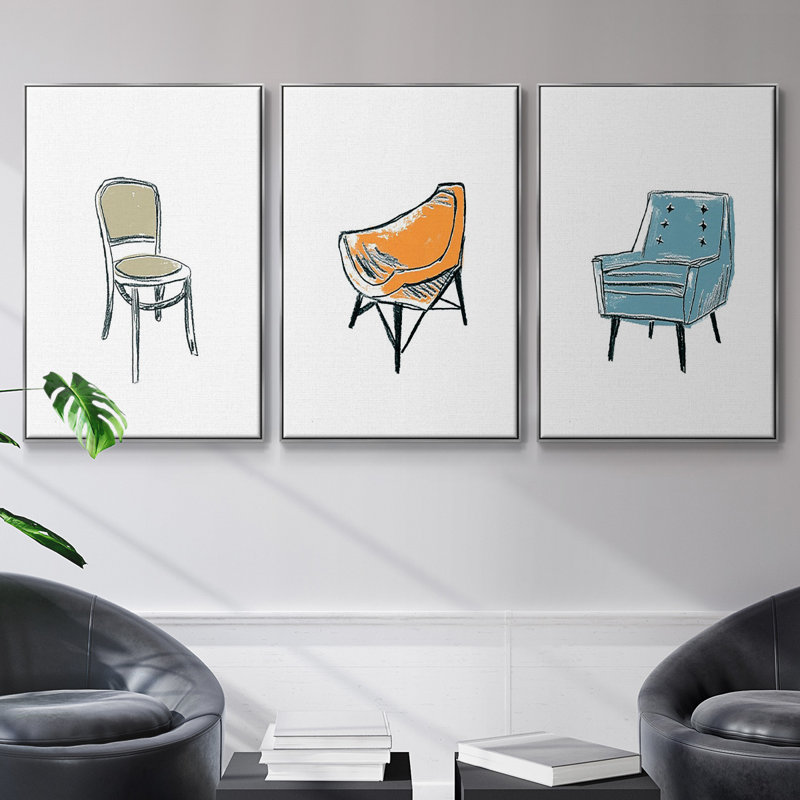 «Take A Seat X», reproduction sur toile 3 pièces, H 48 po x l 96 po x P 2 po, Encadrement argenté