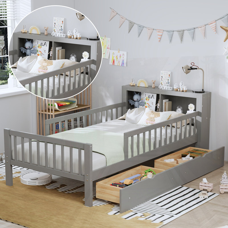 Lit simple avec rangement pour tête de lit, 2 tiroirs sous le lit et 3 garde-corps latéraux pour plus de sécurité, gris, Gris