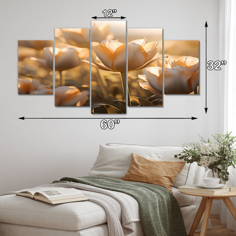 Champ de tulipes blanches avec soleil - Art mural sur toile floral - 5 panneaux