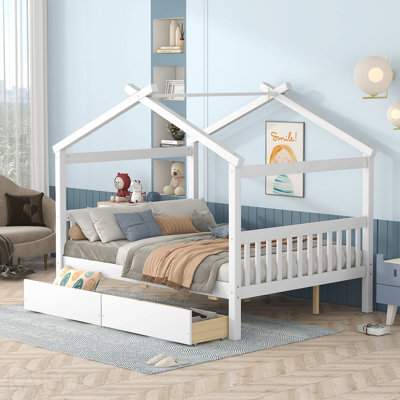 Lit double pleine grandeur en bois avec tiroirs, blanc