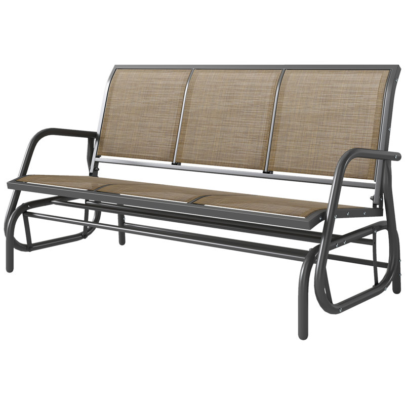 3-Person Outdoor Patio Glider Bench, Porch Glider Swing With 3 Seats, Breathable Mesh Fabric, Metal Frame, Brown, Brown