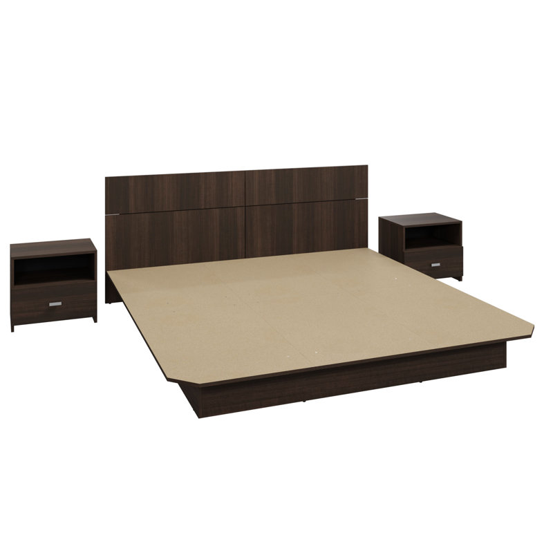 Zen Alpha Bedroom - Platform Bed with Headboard and Nightstands (2) – Easy Assembly, No Box Spring Required, Walnut, King