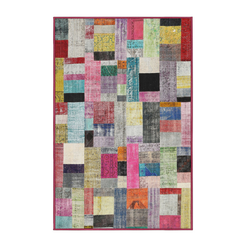 Tapis rouge/brun/bleu zone contemporaine, Rectangle 5 pi x 7 pi