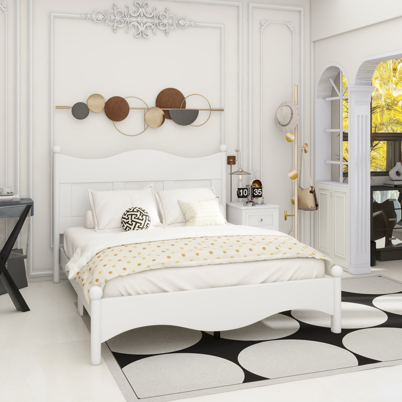Queen Size Elegant Design Wood Platform Bed Frame,Retro Style Platform Bed With Wooden Slat Support,, White