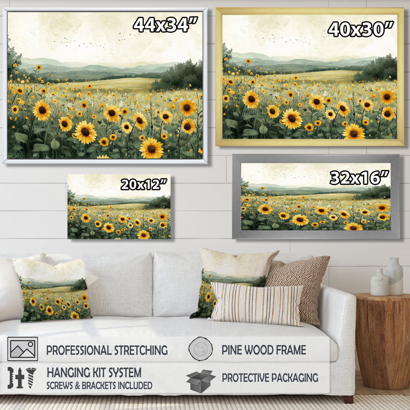 Dorelien tournesols au bord de la ferme II - tournesols, art mural sur toile, Reproduction encadrée d'une seule photo