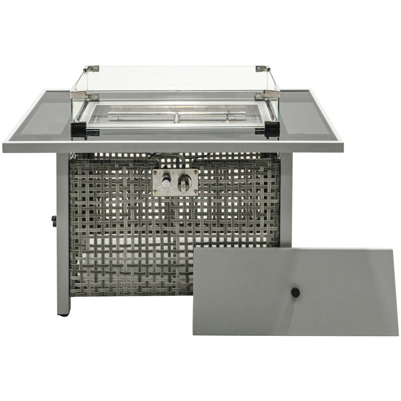 60000 43 Inch Grey Propane Gas Fire Pit Table, Open Weave Design, With Glass Wind Guard, Removable Lid, And 20lbs Storage For Garden Backyard Rectangular , In Grey, Blue Stone Decoration Tempered