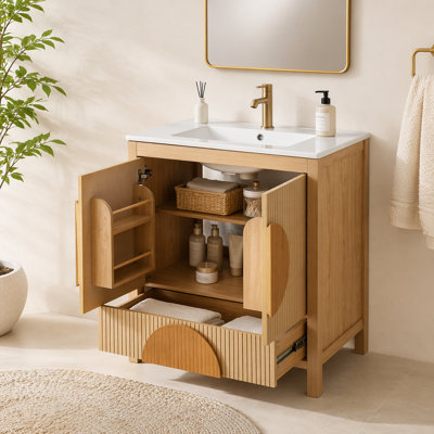 30 Inch Fluted Bathroom Vanity With Sink - Freestanding Modern Wood Cabinet With Soft-Close Doors, 1 Drawer & Open Storage, Decorative Circular Accent, Solid Wood & MDF Build,