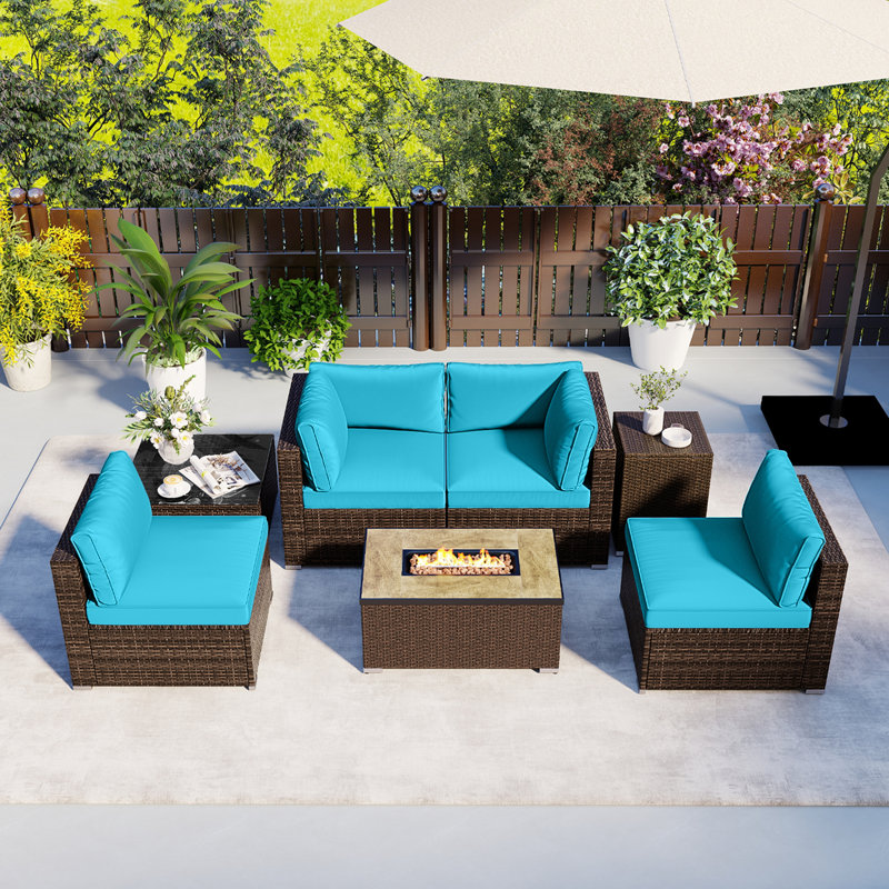 Ensemble de meubles d'extérieur 7 pièces avec table de foyer et couvercle de réservoir de propane noir, Turquoise