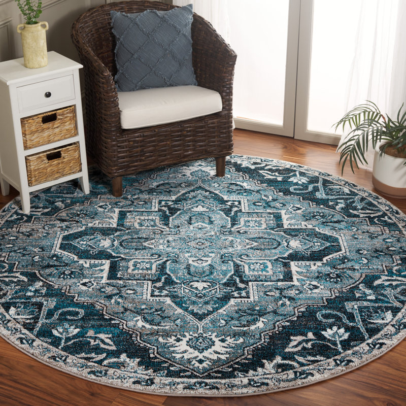 Tapis bleu / ivoire Vintage Performance, Rond 6 pi 7 po