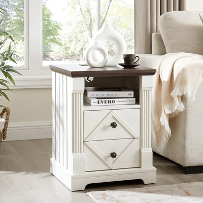 Farmhouse Night Stand with Charging Station, 18" Wide 2 Drawer Bedside Table, Barn Door Nightstand with Open Storage Shelf, Sofa Side End Tables with Roman Column for Bedroom, Antique White