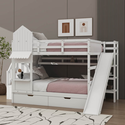 Lit superposé d'inspiration château, lit en bois avec 2 tiroirs et 3 tablettes, avec glissade et marches de rangement