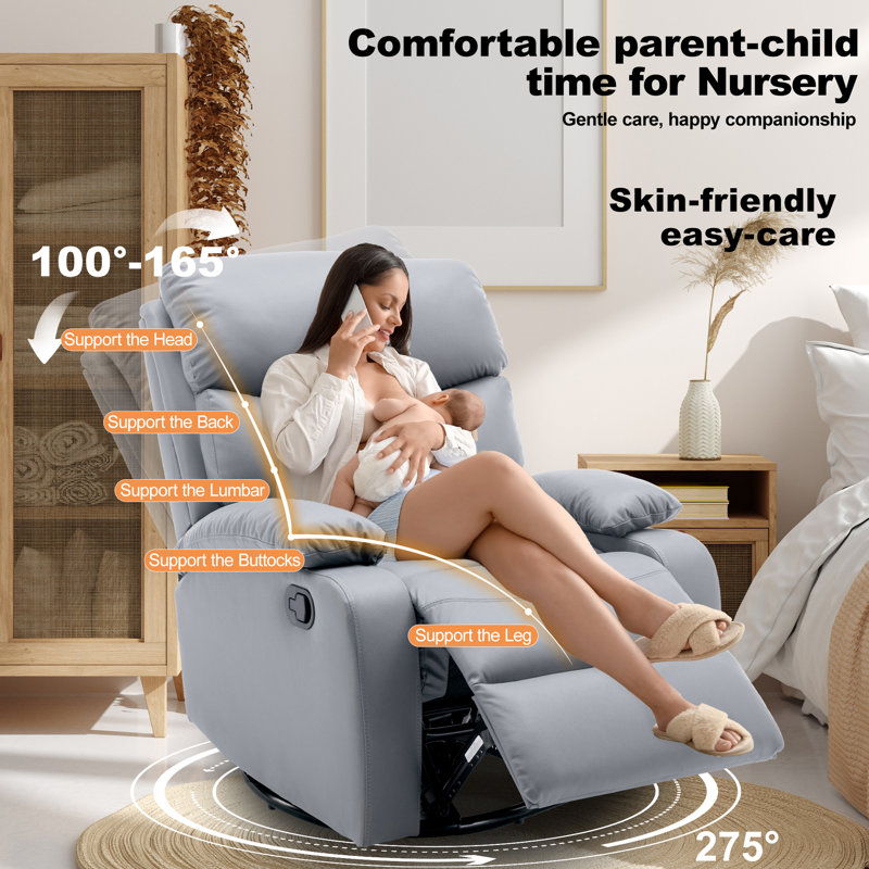Faux Leather Nursery Rocker Recliner ,swivel Recliners For Small Spaces, Living Room Recliner With Overstuffed Arm And Back-Light Gray