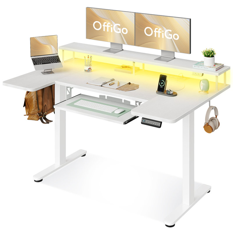 Standing Desk With Large Monitor Shelf,u Shaped Electric Standing Desk With Built-in Power Outlets, Gaming Desk With Led Light, Home Office Desk With Keyboard Tray,writing Desk With Versatile Hook