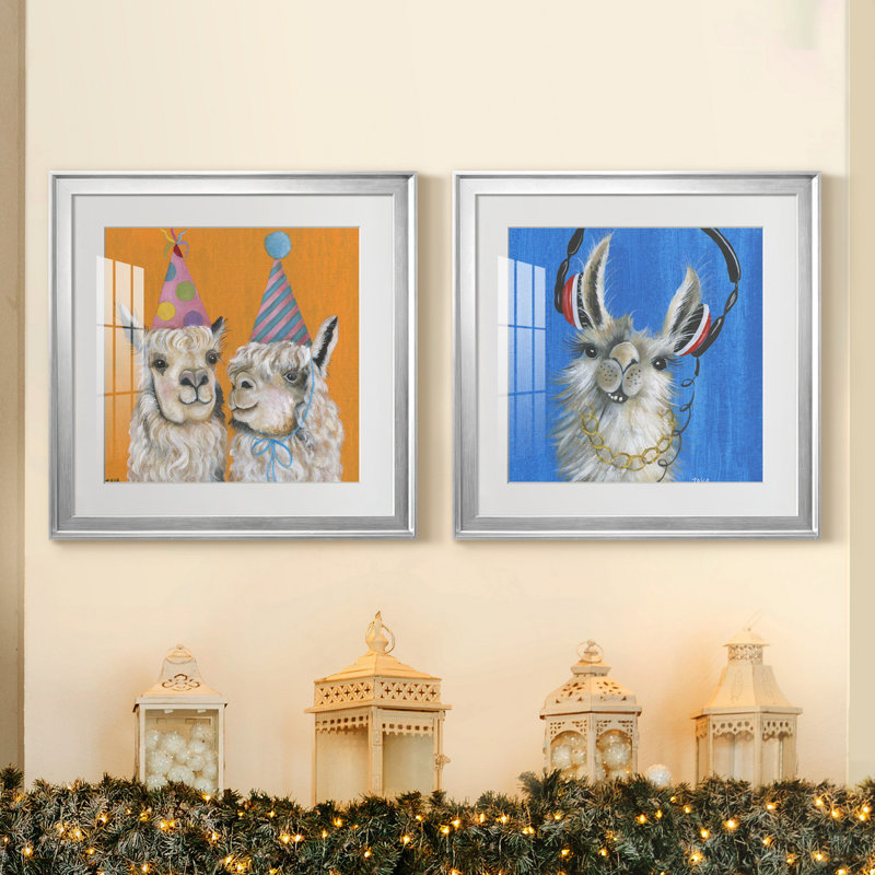 Llama Party - ensemble de 2 reproductions d'art graphique, H 22,5 po x l 45 po x P 1,5 po, Papier avec cadre argenté, Blanc