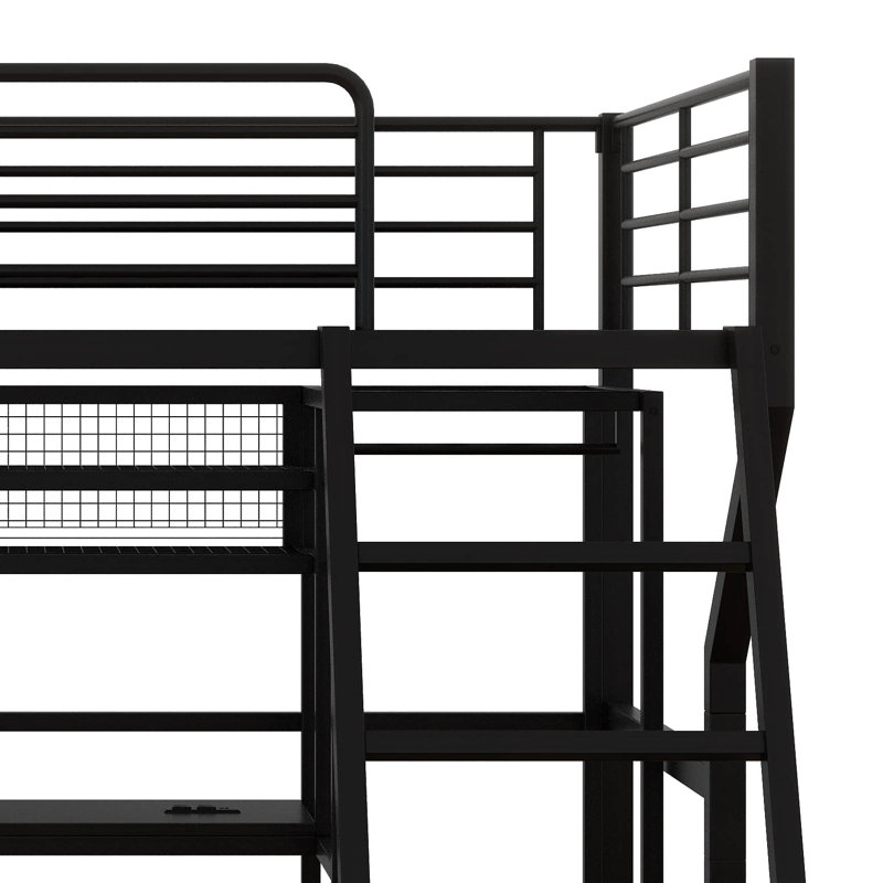 Full Size Metal Gaming Loft Bed With Built-In Work Station, Open Wardrobe, LED And Multiple Storage