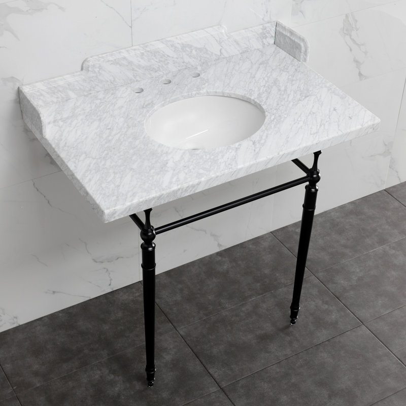 Kingston Brass Habsburg 36-Inch Carrara Marble Console Sink with Brass Legs (8-Inch, 3-Hole), Marble White/Matte Black