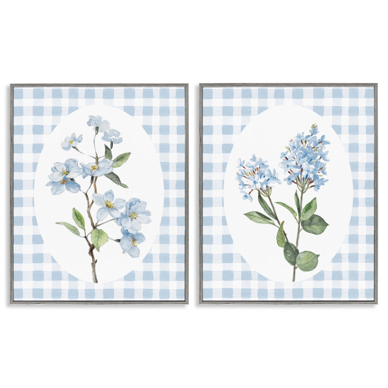 Blooms on Blue Checkered 2pc Framed Giclee Set, design by Lanie Loreth, 14" H x 11" W, Farmhouse Grey Framed Giclee