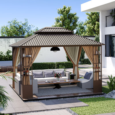 10 ft. x 12 ft. Double Roof Hardtop Patio Gazebo with Aluminum Frame and Curtains