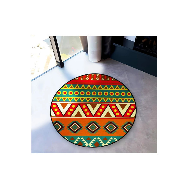 Green Orange Geometric Shapes Woven Base Modern Decorative Carpet, Round 5'