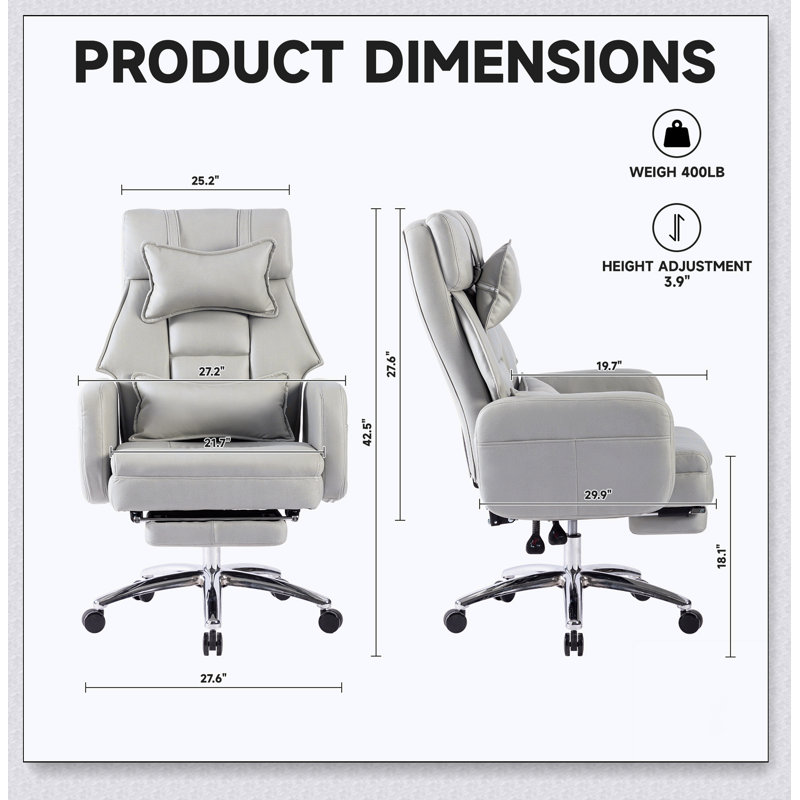 Chaise de bureau pivotante et ergonomique, chaise de bureau en cuir à haut dossier, Gris clair