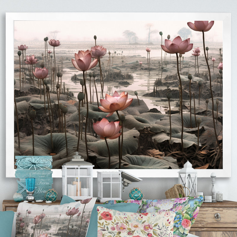 «Grey Pink Lotus Pond» sur toile par John Audubon, H 24 po x l 32 po x P 1 po, Cadre photo blanc