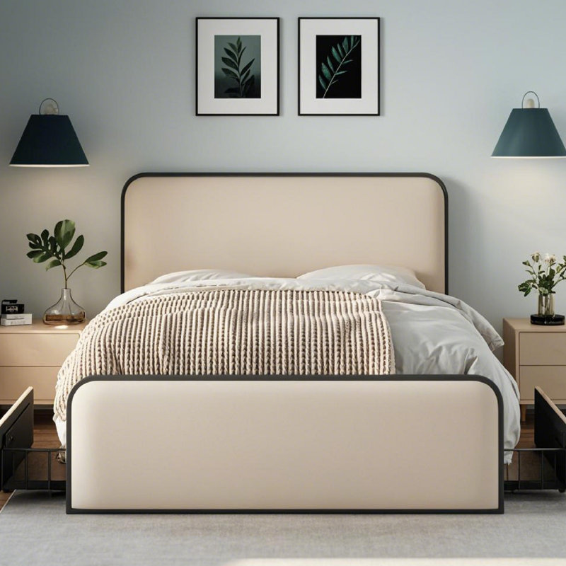Bed Frame With Curved Upholstered Headboard And Footboard Bed With 4 Storage Drawers, Metal Platform Bed Frame, Queen