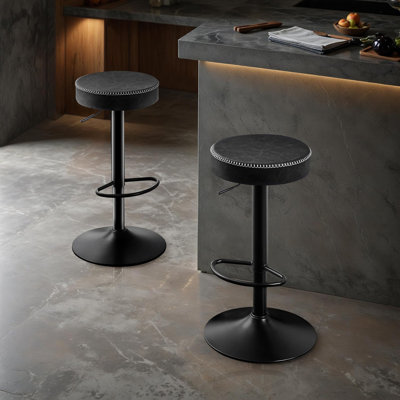 Swivel Bar Stools Set of 2 Black Microfiber Leather Counter Height Bar Stools