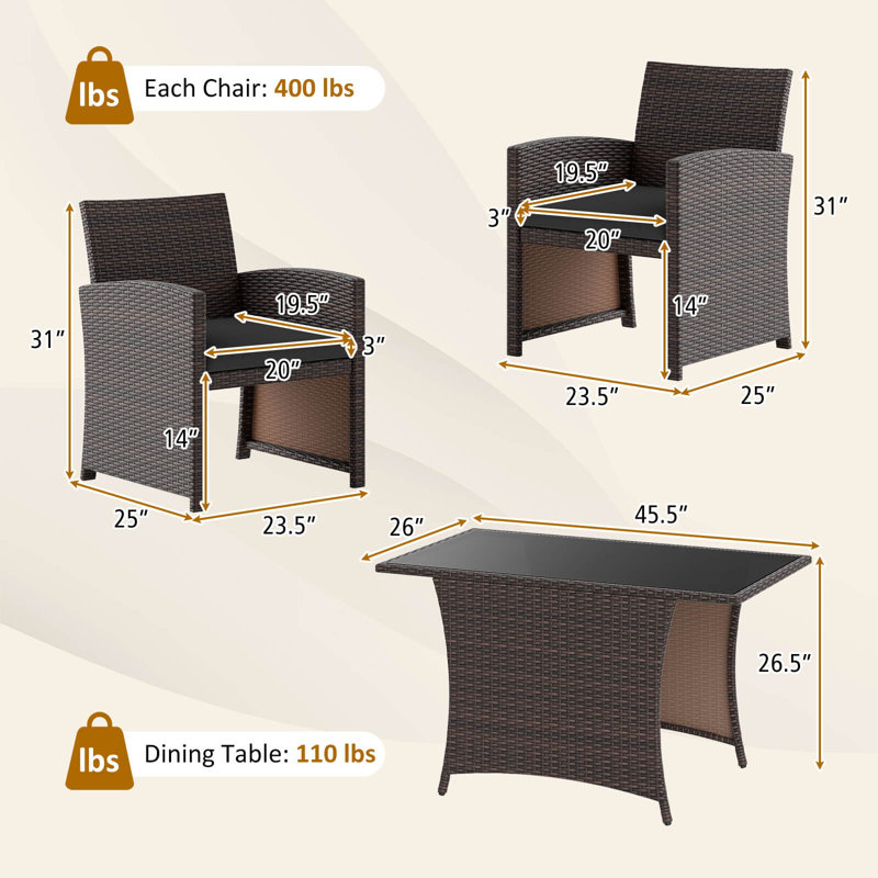 3 Pcs Wicker Bistro Set Balcony Furniture Set With Tempered Glass Dining Table