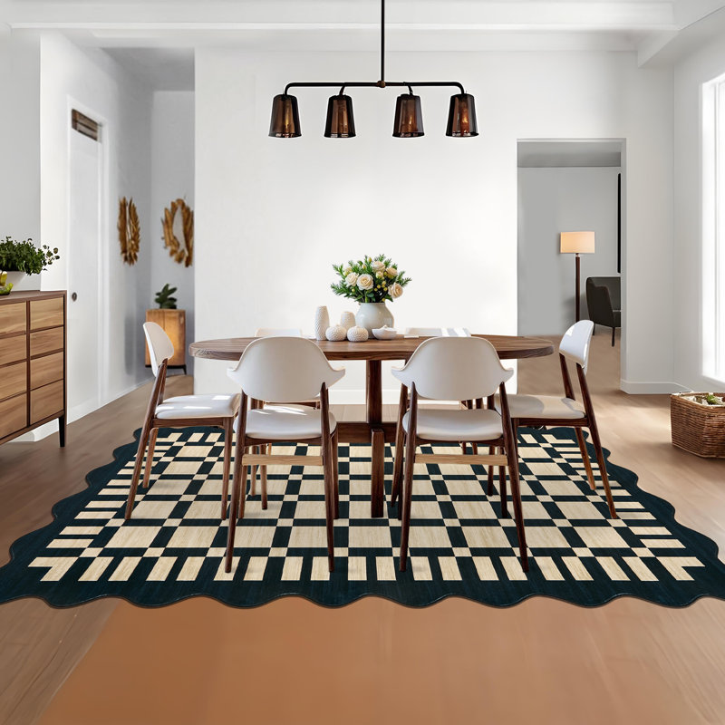 Tapis festonné damier lavable à la machine pour le salon, la chambre à coucher et la salle à manger, Brown, Rectangle 5' x 7'